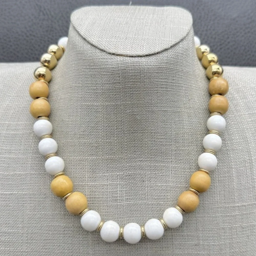 Vintage Napier Necklace Gold Tone Chain White Wood Beads Statement Jewelry 15"